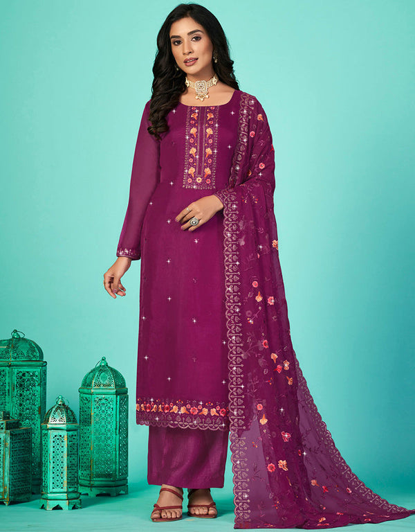 Designer Function Wear Organza Salwar Suit Collection Purple Organza Pant Straight Front View